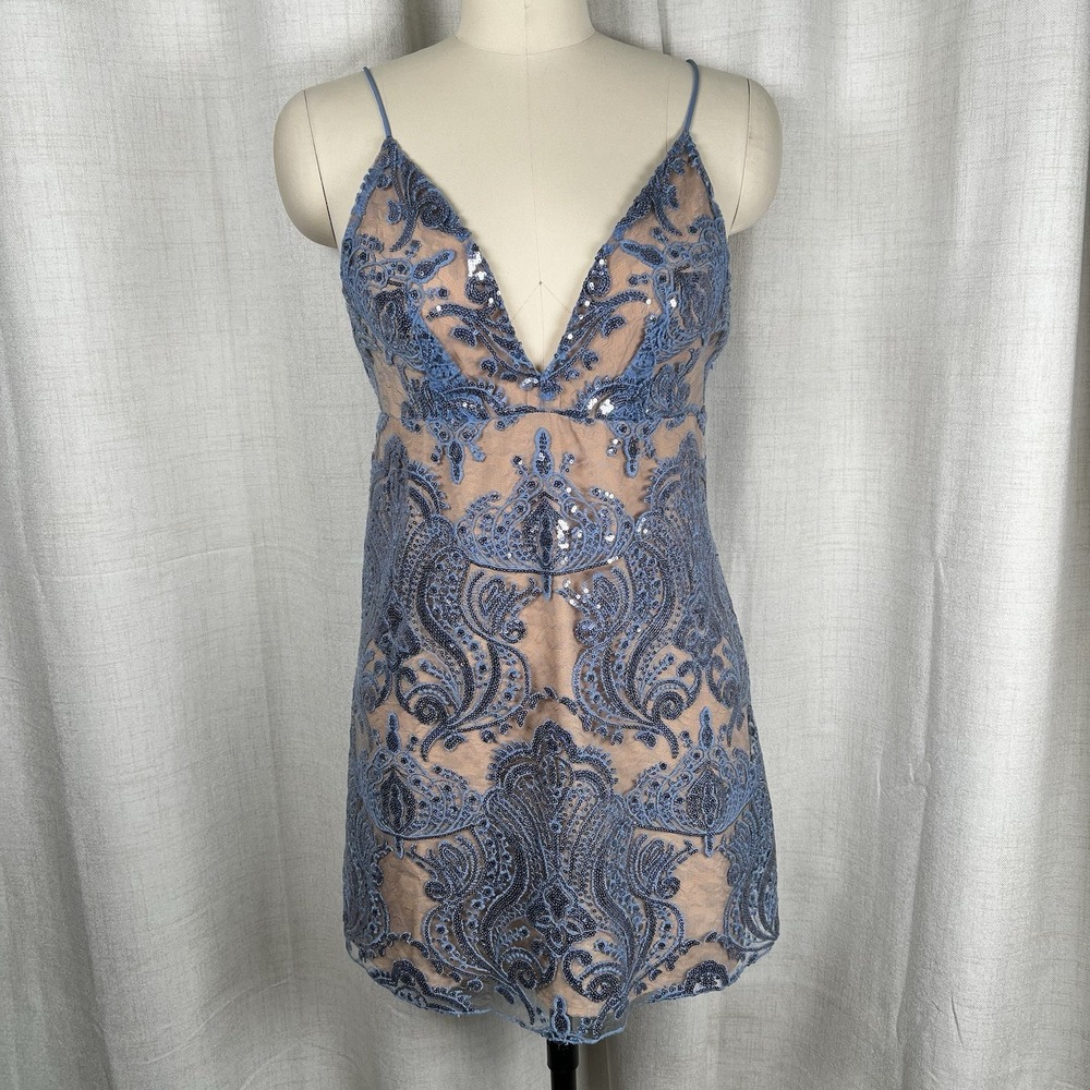 Free People Night Shimmers Mini Party Dress Sequins Blue Size 6 Sexy Cocktail